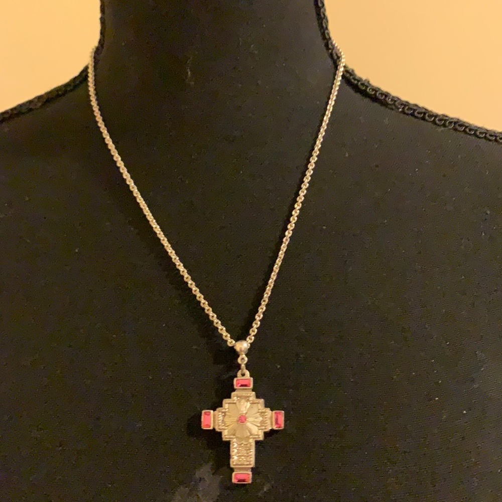 Silver cross with pink stones new